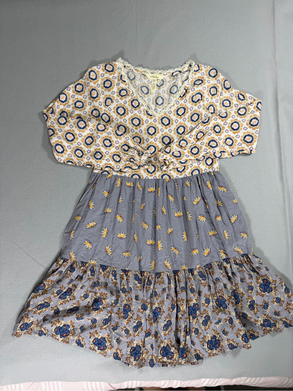 Matilda Jane Mixed-Print Tiered Midi Dress - Blue/Yellow/Cream